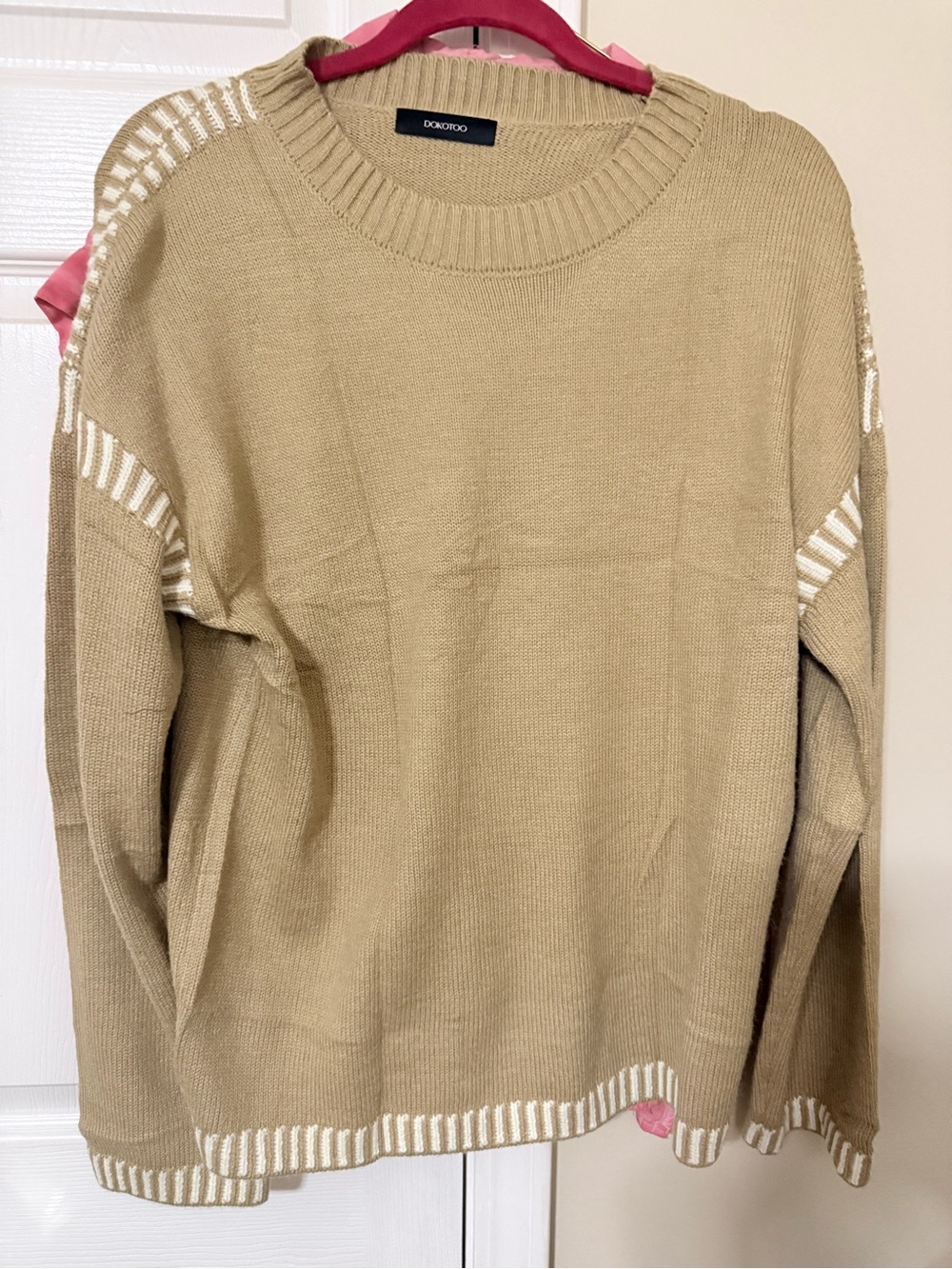 DKNY Women's Crewneck Sweater in Tan with White Stripe Trim
